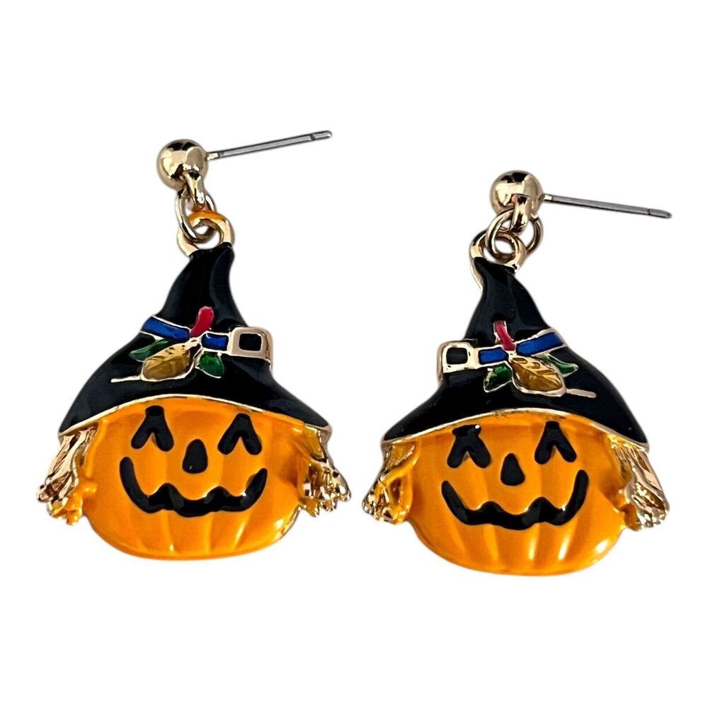 Vintage 1980s Halloween Pierced Earrings Enamel Jack-O-Lantern Witch Hat -10Z